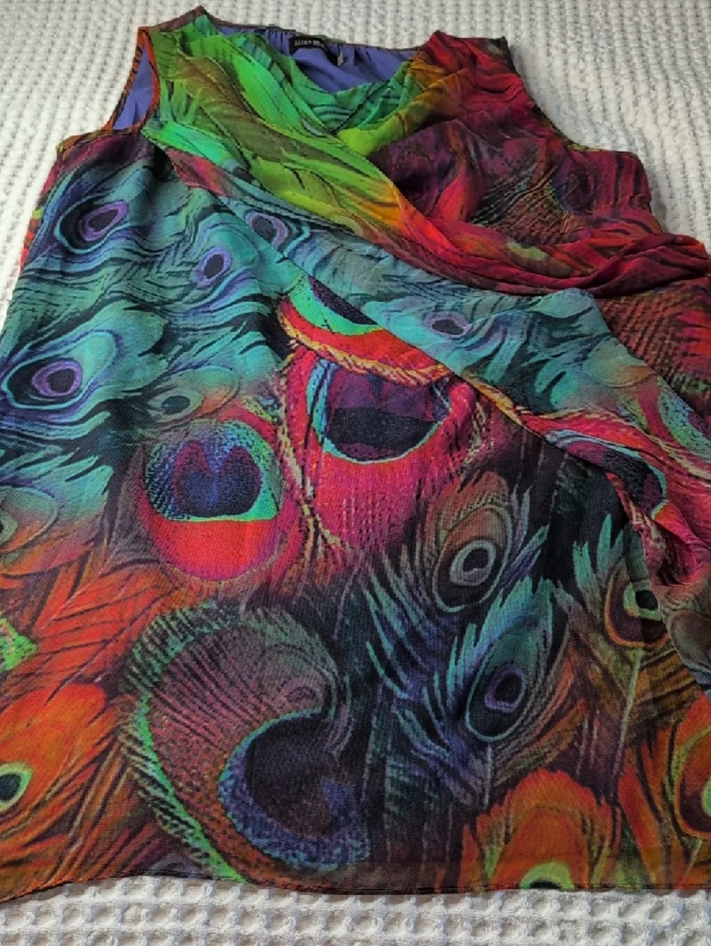 Ellen Tracy Purple Top with Multicolor Neck Trim Lightweight Peacock Maximalism - Picture 7 of 8